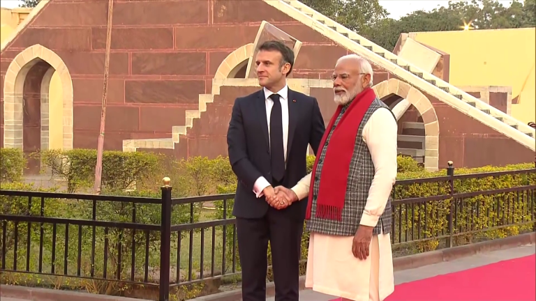 French President Emmanuel Macron gets a warm welcome from PM Modi in Jaipur