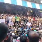 Badlapur on Tuesday as residents blocked the Mumbai rail route and brought services to a halt to protest against the sexual assault on two four-year-old students at a reputed school by a contractual employee.