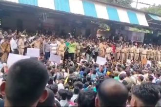 Badlapur on Tuesday as residents blocked the Mumbai rail route and brought services to a halt to protest against the sexual assault on two four-year-old students at a reputed school by a contractual employee.