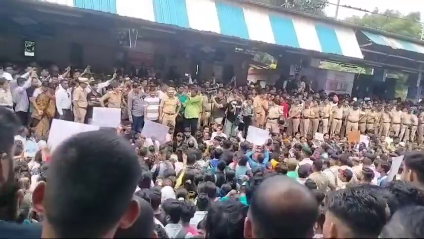 Badlapur on Tuesday as residents blocked the Mumbai rail route and brought services to a halt to protest against the sexual assault on two four-year-old students at a reputed school by a contractual employee.