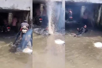 Bike rider fell into the gutter of railway underbridge, watch video: Dirty water filled with rain in Raigarh, road closed after accident